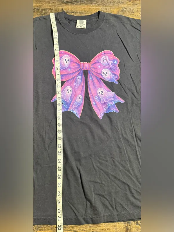 Comfort Colors Black Tee with Pink-Purple Ghost Bow Graphic - Image 6