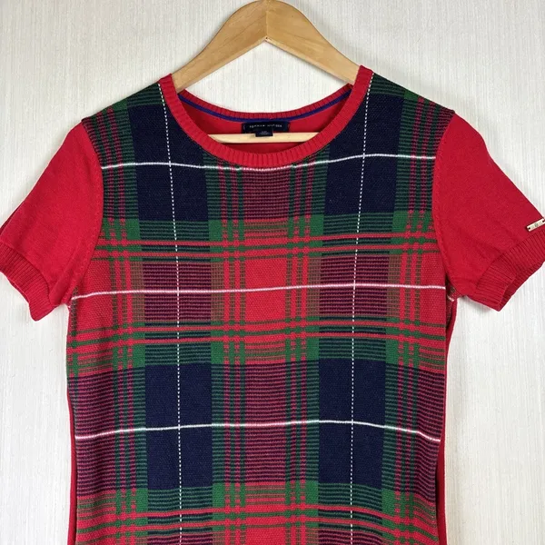 Tommy Hilfiger Red Plaid Short Sleeve Cotton Knit Sweater Dress Womens Small S‎ - Image 2