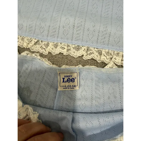 Kacey Lee Baby Blue Pointelle Lace Trim Two Piece Set Cami Shorts L - Image 6