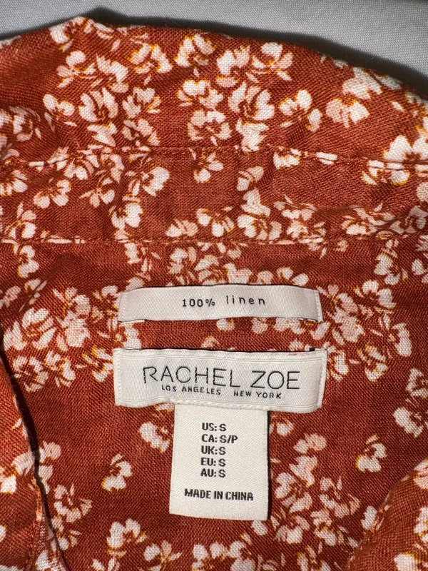 Rachel Zoe Rust Floral Short-Sleeve Button-Down Shirt 100% linen Size Small - Image 6