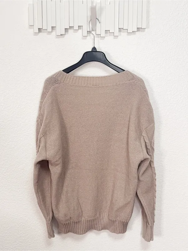 Amazon Cable Knit Button Front Cardigan Taupe Oversized V Neck Sweater Size Large - Image 6