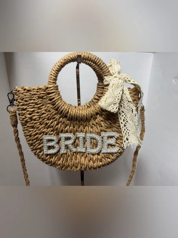 Pinkunn Straw Pearl Rhinestone BRIDE Bag Half Moon Crossbody/Handbag Purse - Image 6