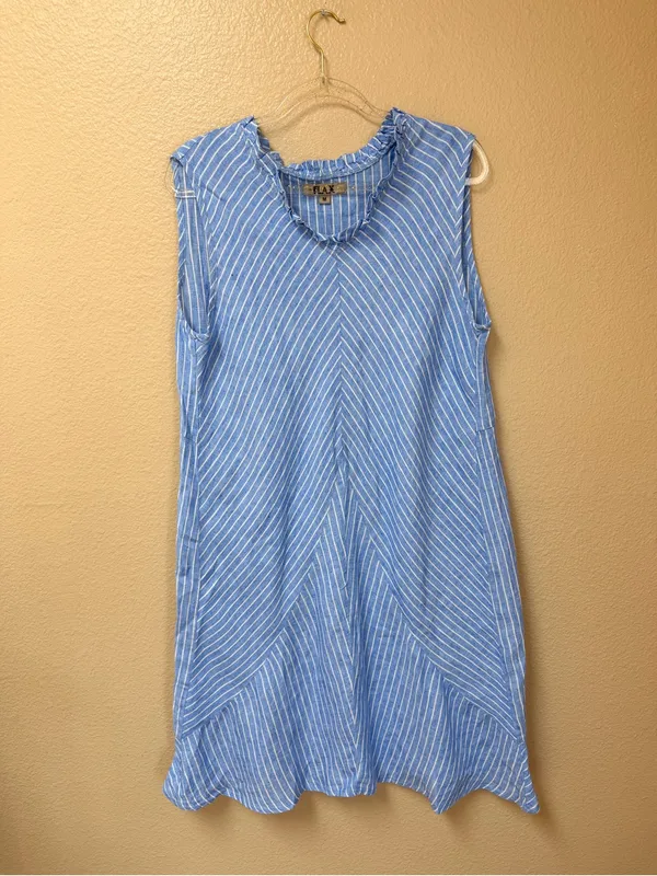 Flax Striped Sleeveless A-Line 100% Linen Ruffle Neck Swing Dress Size M - Image 2