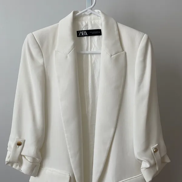 ZARA Office Siren Academia Clean Ruched Sleeve Shawl Lapel Blazer XS White - Image 2