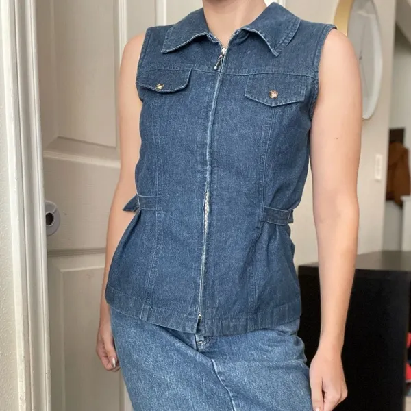 Vintage Denim Sleeveless Denim Zip‎ Up Vest Size Medium Front Pockets Waist Coat - Image 3