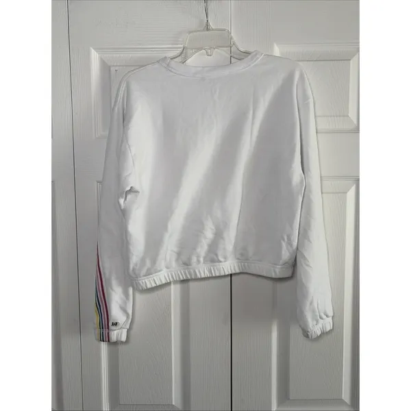 Abercrombie & Fitch Rainbow Stripe Cropped Sweatshirt Womens Size S White Y2K - Image 4
