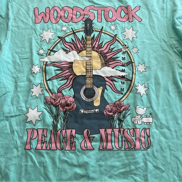 Woodstock Peace & Music Graphic Tee Turquoise – Size M - Image 2
