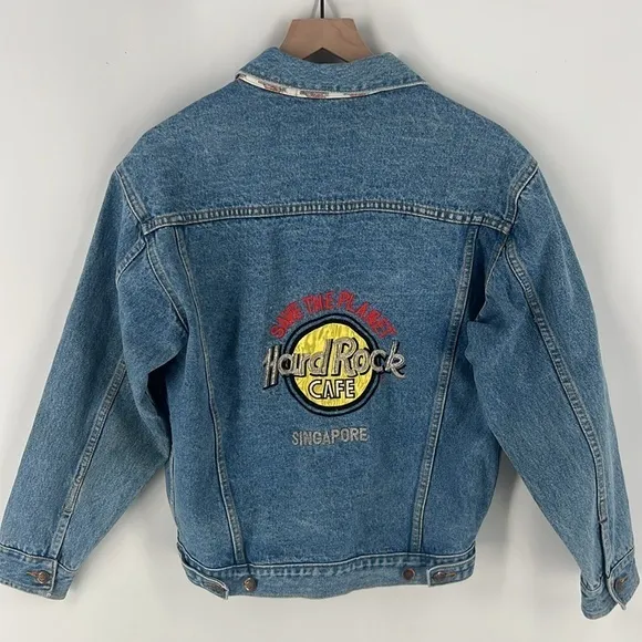 Hard Rock Cafe Singapore Medium Wash Blue Denim‎ Button Front Jacket - Image 2