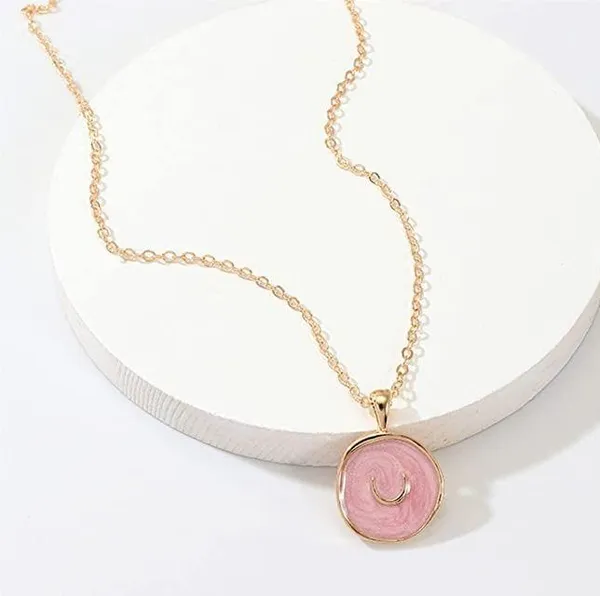 Pink Recumbent Crescent Moon Charm Necklace Gold Chain w/ Celestial Pendant - Image 2