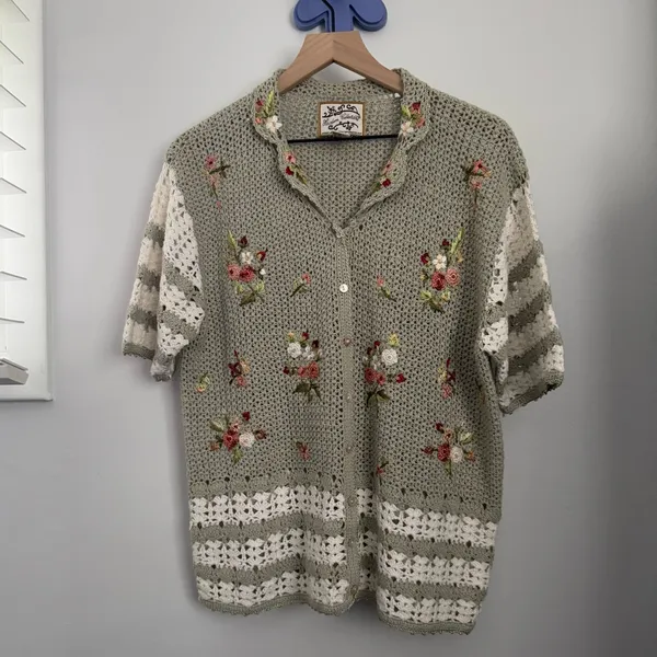 VTG Large Short Sleeve Cardigan Button‎ Up Embroidered Floral Sage Green Crochet - Image 8