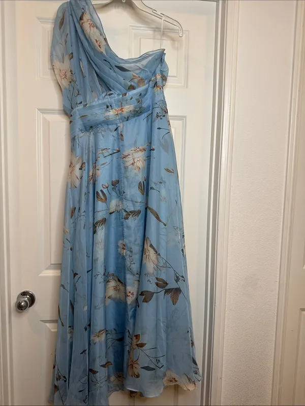 NWOT Fehaute blue floral chiffon one shoulder maxi dress sz 10 - Image 6