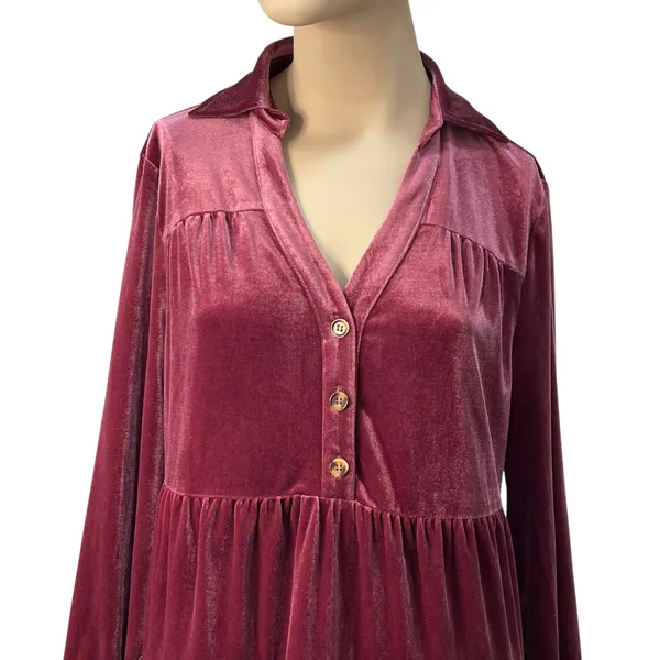 Easel Burgundy Velvet Babydoll‎ Tiered V-Neck Mini Dress Small Ruffle Flowy Boho - Image 3