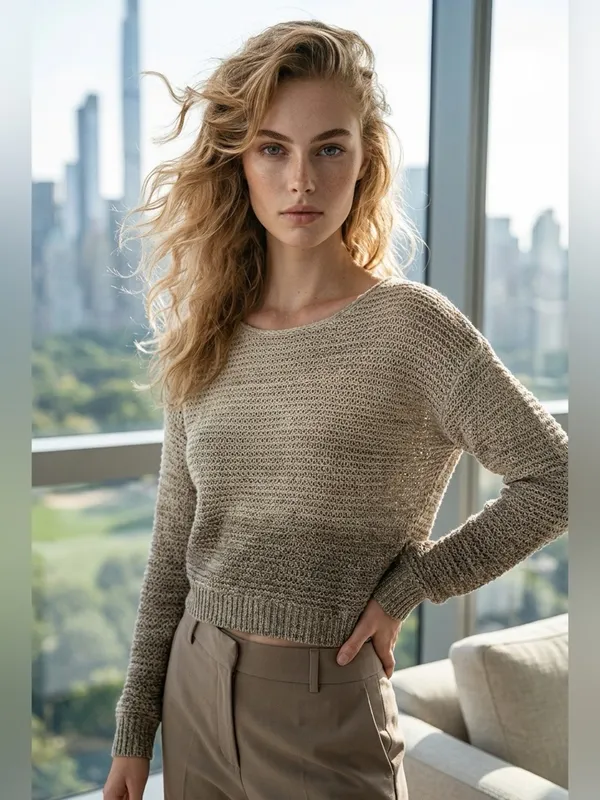 Quinn Open Knit Pullover Crop Sweater Brown - Image 13
