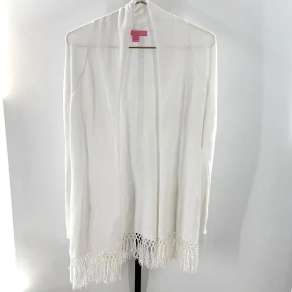 Lilly Pulitzer Women’s M Tatum Cardigan White Tassel Fringe Longline Loose Knit‎ - Image 2