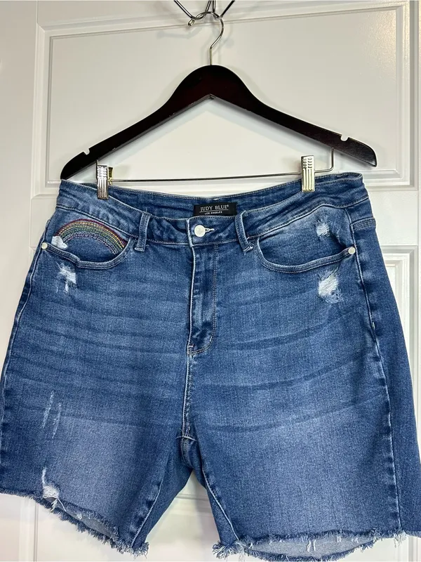 Judy Blue Classic High Rise Embroidered Rainbow Denim Bermuda Shorts Size 18W - Image 3