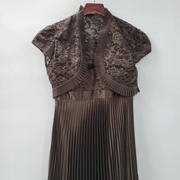 Badgley Mischka Evening Gown Dress Size 8 Brown Pleated Empire Waist Lace Bodice - Image 15
