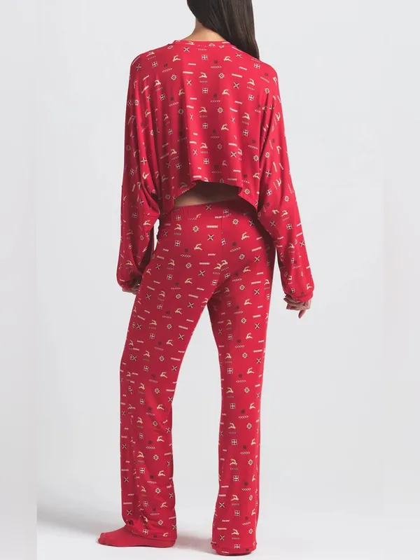 NWT SKIMS Soft Modal Blend Pajama Set Cranberry Vintage Deer Print - Image 2