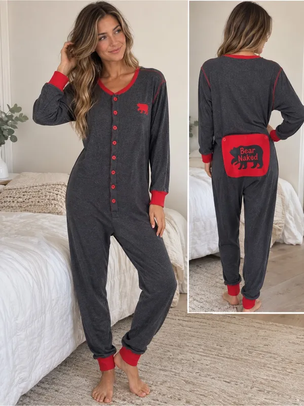 Little Blue House Bear Naked Adult L Union Suit Pajamas One Piece Gray Red - Image 2