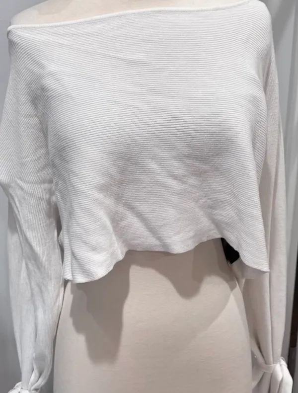 Zara White Knit Ribbed Cropped Top with Tie Cuff Bell Sleeves - Image 8