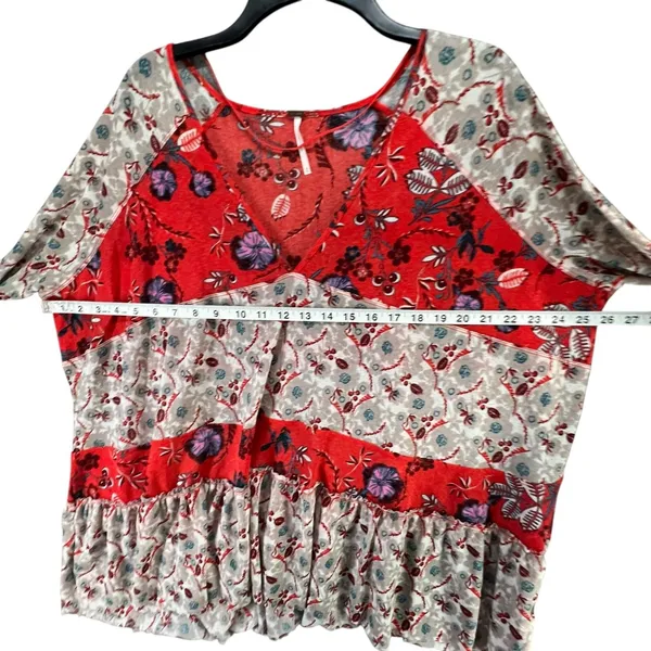 Free People Isabelle Tunic Top Womens XS Red Gray Floral Oversized Boho Feminine - Image 8
