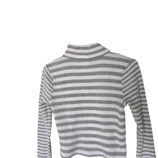 Aerie Gray Striped Long Sleeve Waffle Knit Turtleneck Pullover Crop Top Medium - Image 5