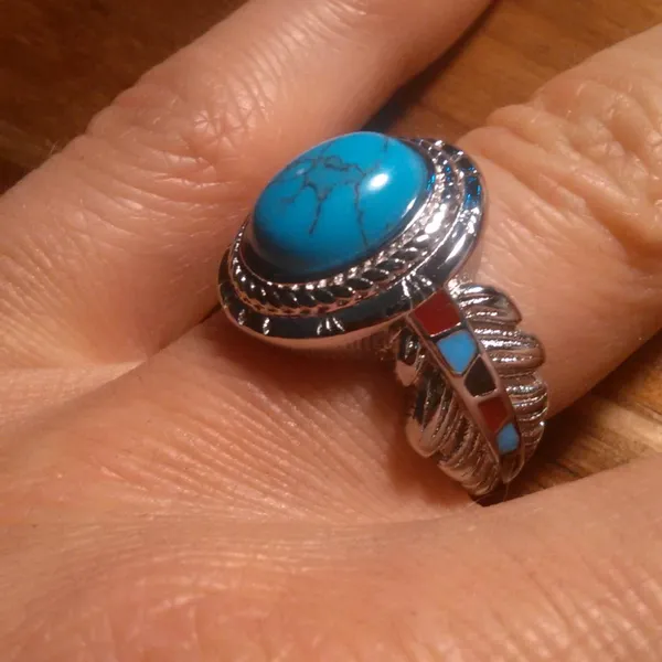 Blue Howlite and Enameled Feather Stainless Steel Ring (Size 7) - Image 2