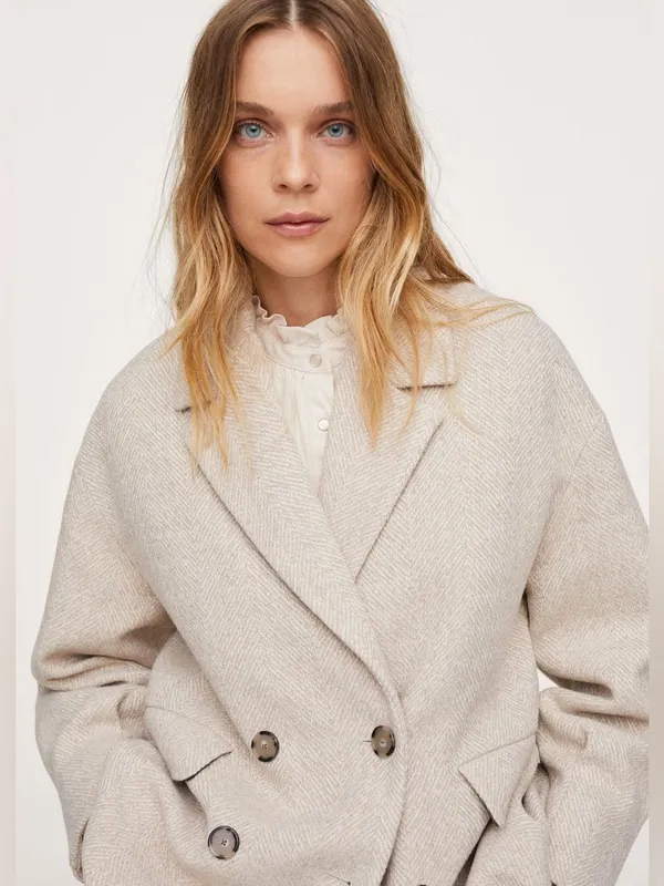 Mango Wool Blend Herringbone Double Breasted Coat Neutral Beige Medium New NWT - Image 2