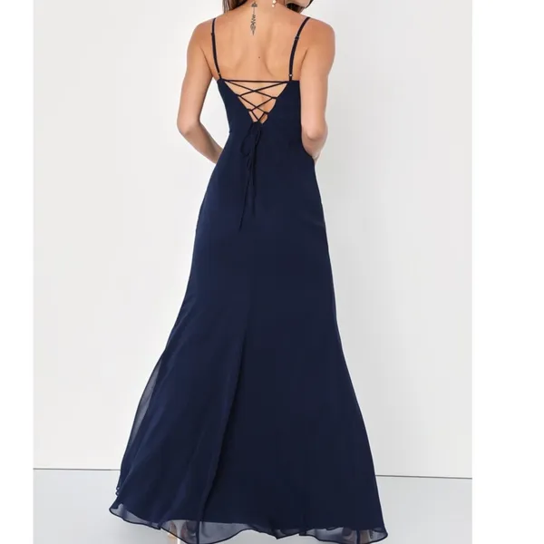 NEW Lulus Feeling Elegant Navy Blue Lace-Up Back Slit Chiffon Maxi Dress Medium - Image 3