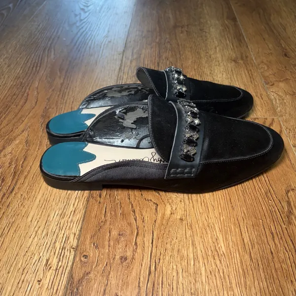 Libby Edelman Piper Black Satin Jeweled Mules Pointed Toe Flats‎ Size 9M - Image 2