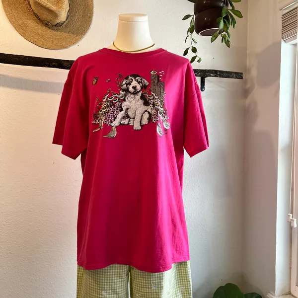 Jerzees Vintage 90s Pink Dog Garden Graphic Cotton Short Sleeve Tee Size Large - Image 10