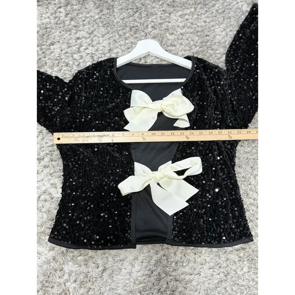 Sequin Bow Jacket Womens Medium Black Cropped Tie Front Evening Party - Image 6
