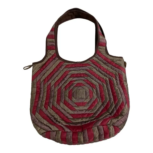 Boho Quilted Silk Shoulder Bag | Red Brown Patchwork Hobo | Coconut Button - Image 3