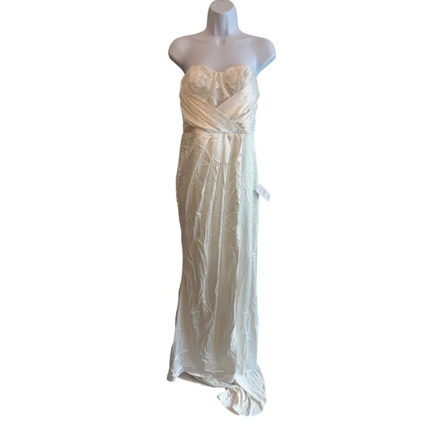 NWT Lulus Heidy White Satin Strapless Maxi Dress Womens‎ M Sequin Bridal Wedding - Image 3
