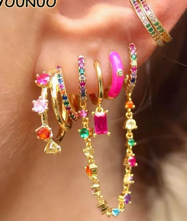 14K Gold Filled Colorful Zircon Dangle Hoop Earring. - Image 2