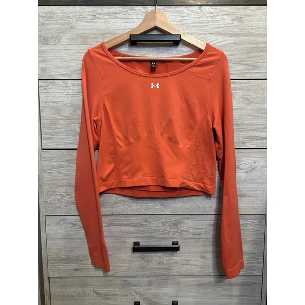 Under Armour Womens Long Sleeve Crop Top Coral Orange Athletic Gym Shirt Large - Image 2