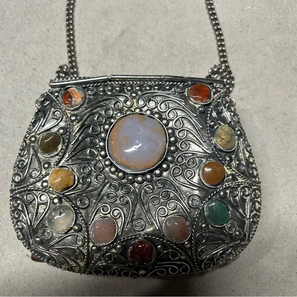 Vintage Sajai Metal Purse with Multicolor Agate Stones and Silver Chain Strap - Image 4