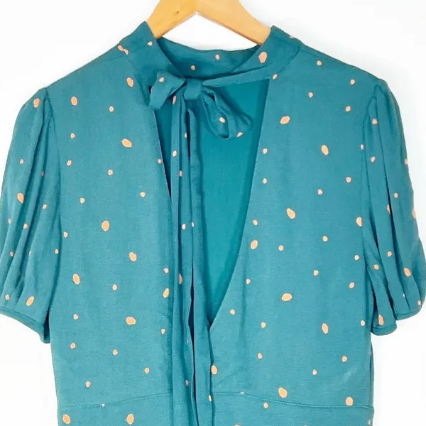 Free People Abbie Tie Reversible Green Peach Polka Dot Sheath Dress Womens 8 - Image 4