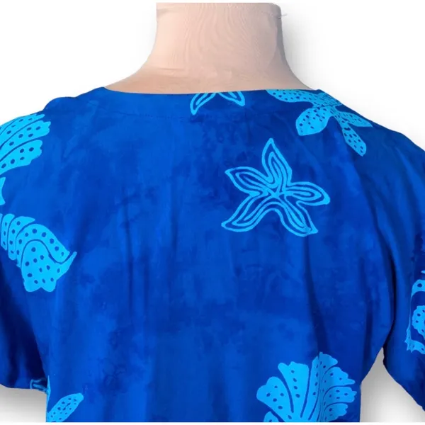 Blue Batik Tropical Shell Starfish Rayon Button Front Top Coastal Nautical Beach - Image 7