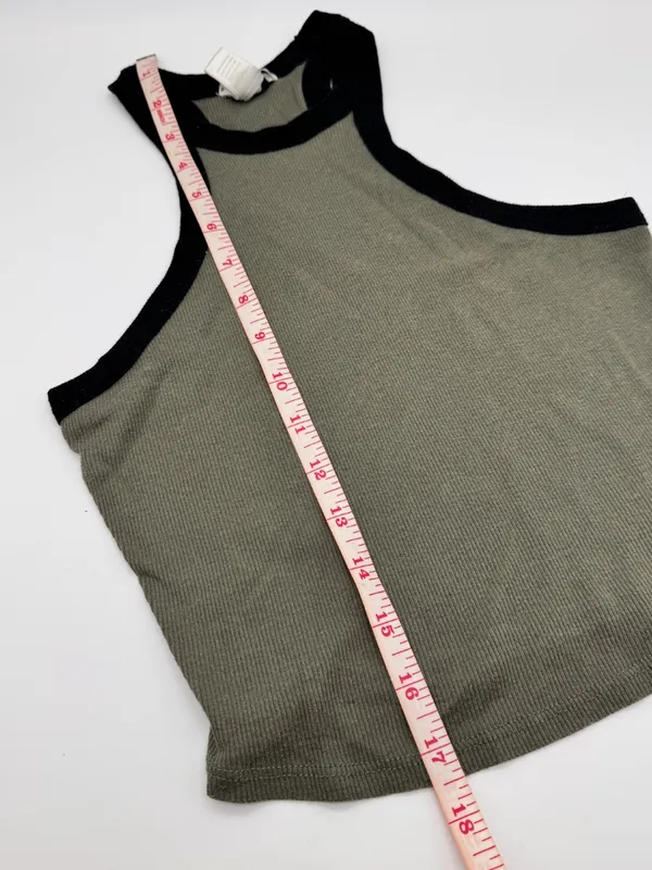 Bozzolo Ribbed Halter Tank Top Olive Green Black Contrast Trim Crop Sleeveless Top Sz S - Image 3