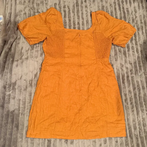 Madewell‎ Maisie Square Neck Linen Mini Dress Orange Marigold Size 14 - Image 3