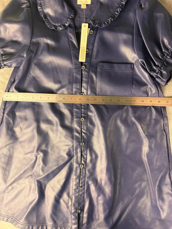 Anthropologie Pilcro Navy Faux Leather Button Front Mini Dress S Collared Puff Sleeve Pockets - Image 11