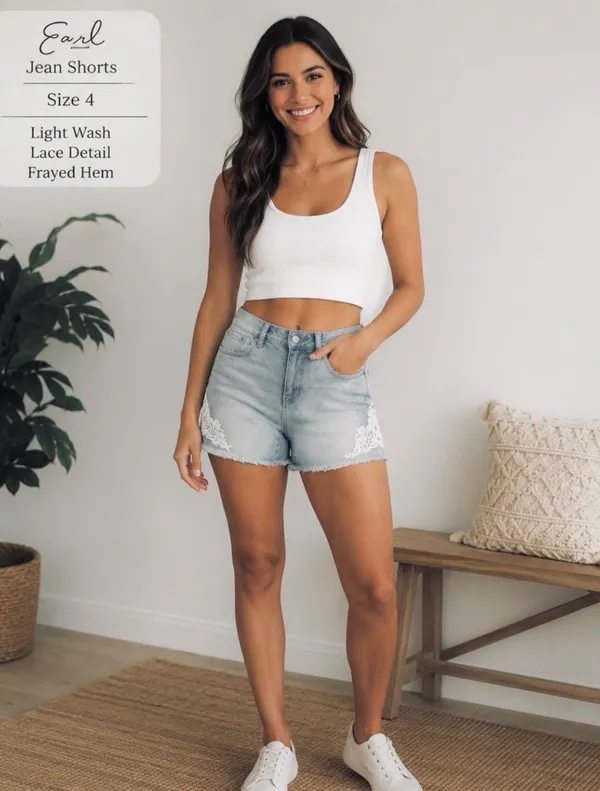 Earl Jean Women’s Light Blue Denim Raw Hem Shorts W/ Crochet Lace Detail Size 4 - Image 9