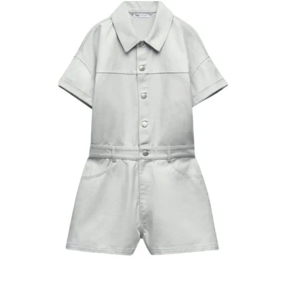 Zara NWOT Denim Gray/Silver Shimmer Utility‎ Button-Up playsuit - XS - Image 2