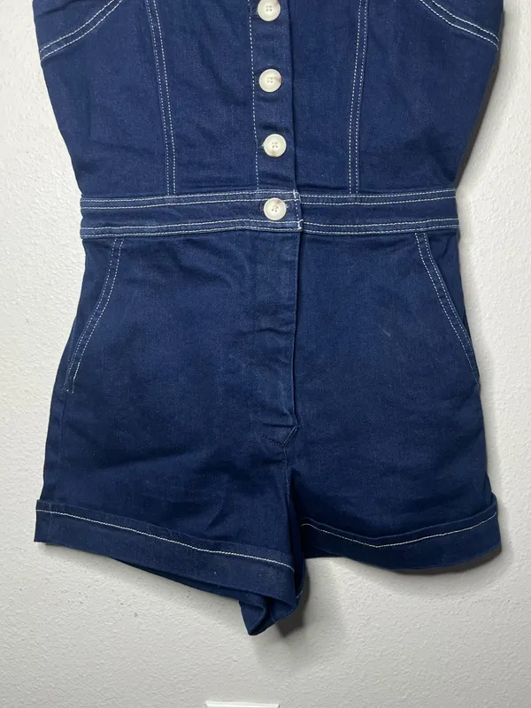 Maeve The Portside Denim Square Neck Button Front Romper Retro Boho Twee - Image 6