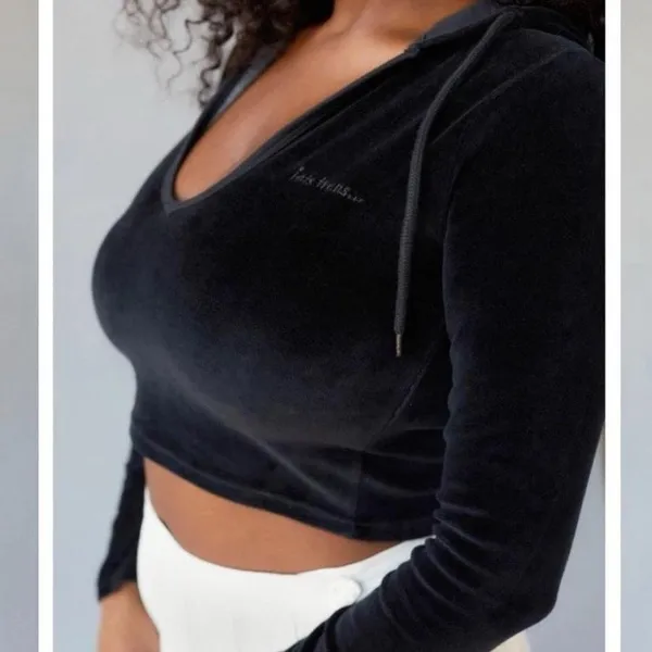 Iets Frans black Velvet Cropped Hoodie - Image 2