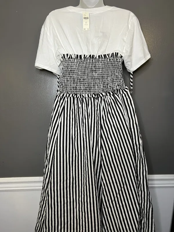 Maeve Anthropologie Dress Womens Petite Medium Black White Striped Smocked Midi - Image 6