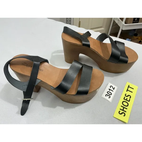Womans Zigisoho Logic 6 Black Ankle Strap 2 Band Platform Wood Heel Sandals - Image 2