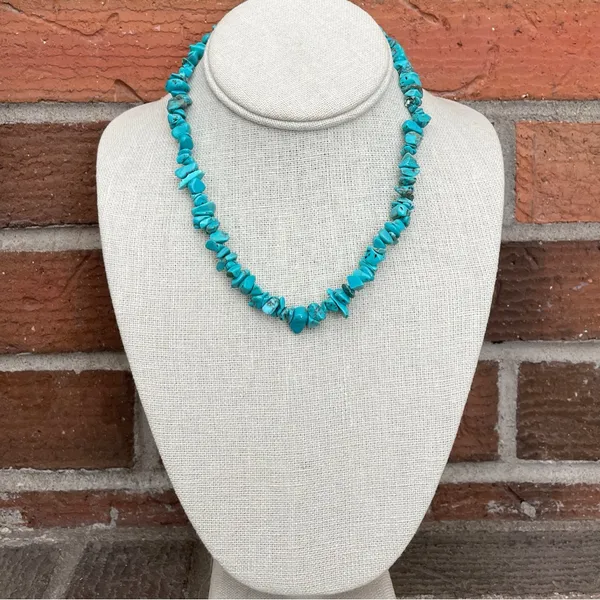 Natural Stone Chip Bead Necklace - Faux Turquoise - Image 2