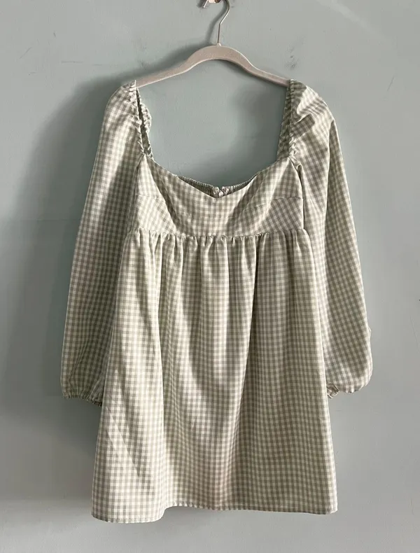 Gianni Bini NWT Kennedy Green Gingham Long Sleeve Sweetheart Neck Babydoll Dress - Image 4