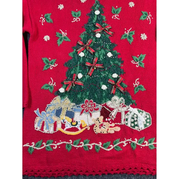 Vintage 90s Christmas Sweater TIARA Women L Red Tree Embroidered‎ Embellished - Image 7
